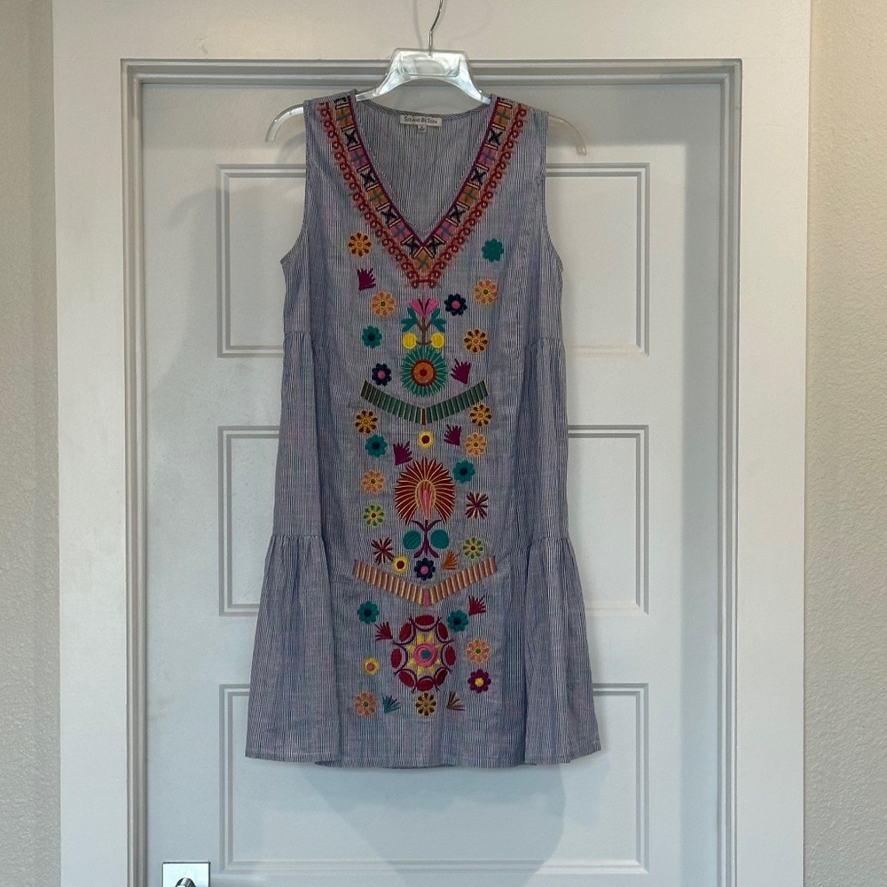See and Be Seen Blue and White Striped Embroidered Dress